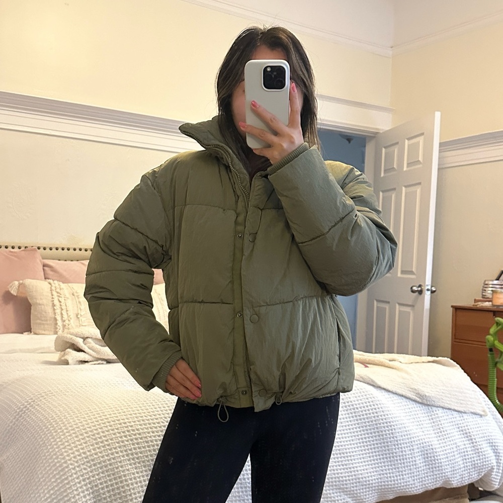 Zara Green Short Puffer Jacket with hidden hood